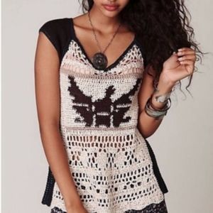 Free People Eagle Knit Crochet Top Linen Silk Wool